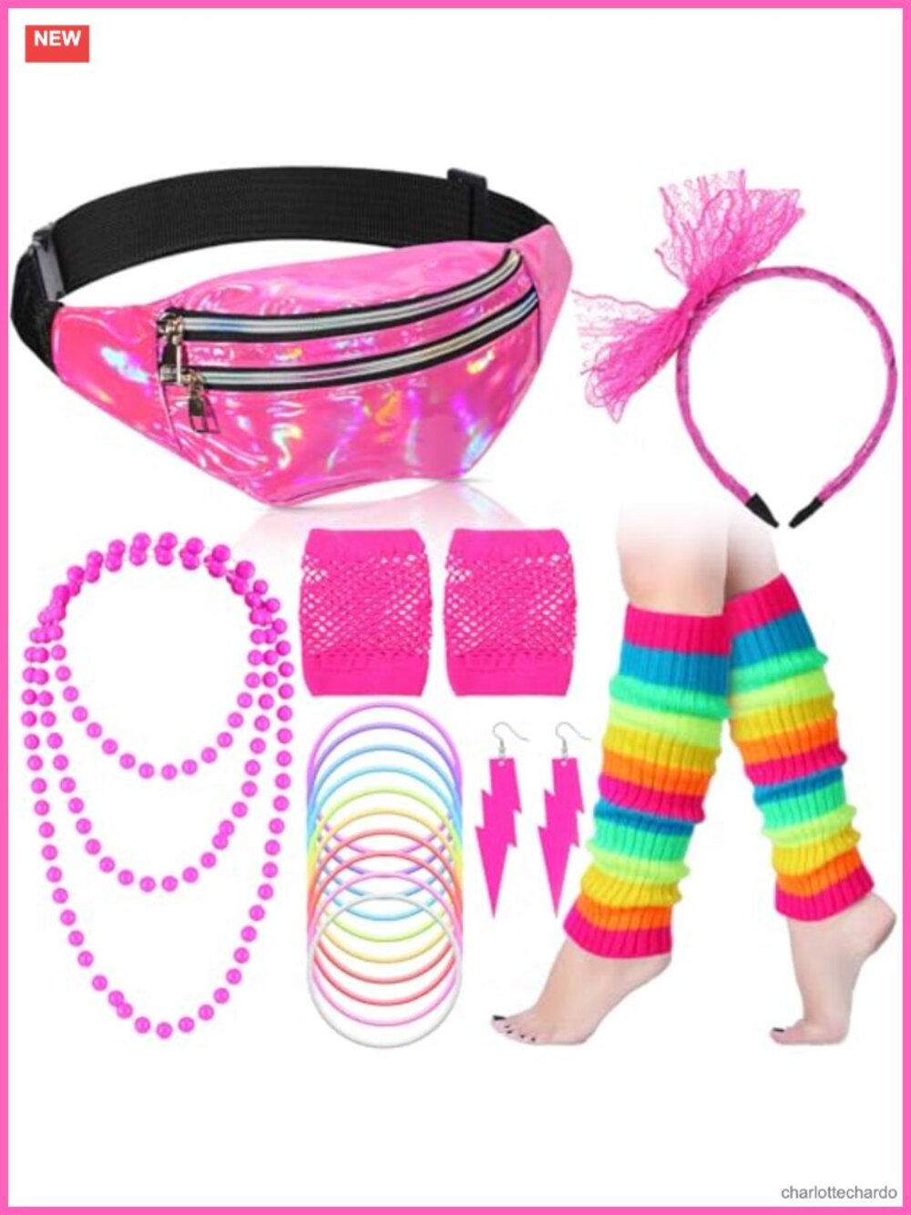 80s Accessories Set: Fanny Pack, Leg Warmers, Fishnet Gloves, Earrings,